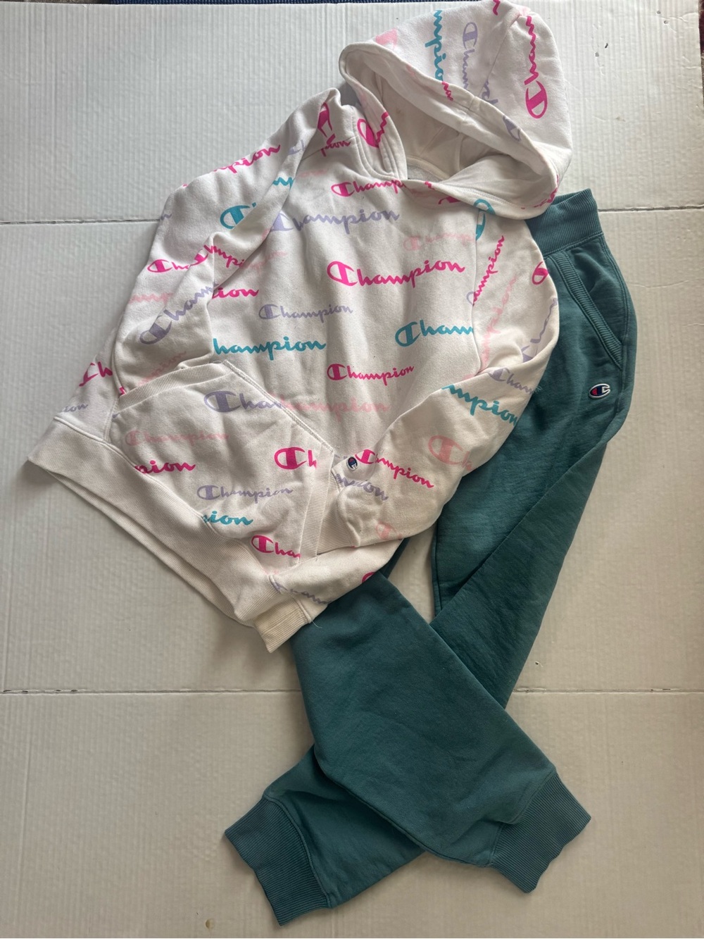 Bundle Champion Cream Hoodie with Multicolor Script & Teal Green Sweatpants